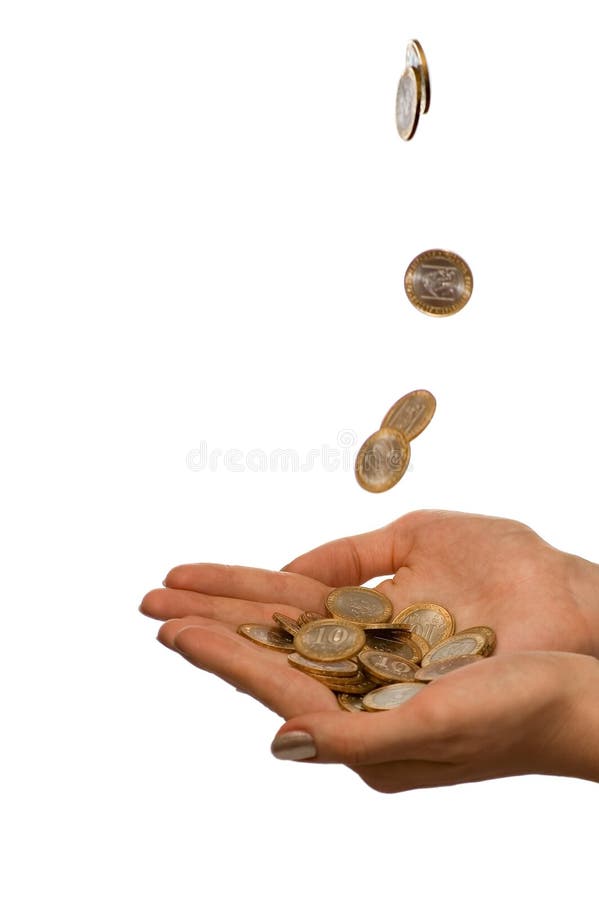 Coins fall in to the girl hands