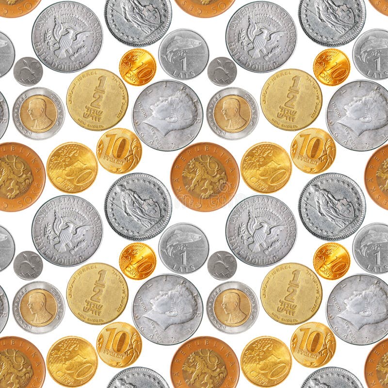 Seamless pattern - Various coins isolated over the white background. Seamless pattern - Various coins isolated over the white background