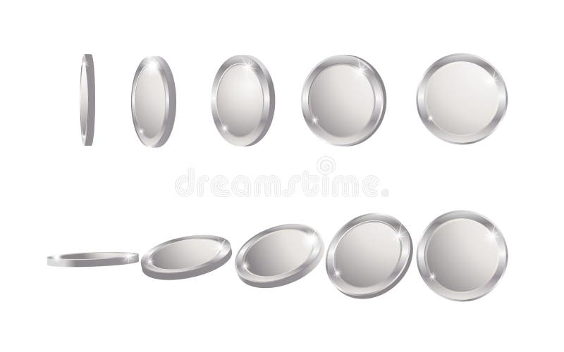 Coins silver falling 3d realistic coin icon with shadows isolated on white backgrounds stock illustration