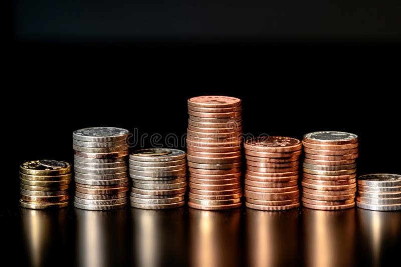 Coins stack on a percentage model symbolizing banking, interest rates, inflation stock illustration
