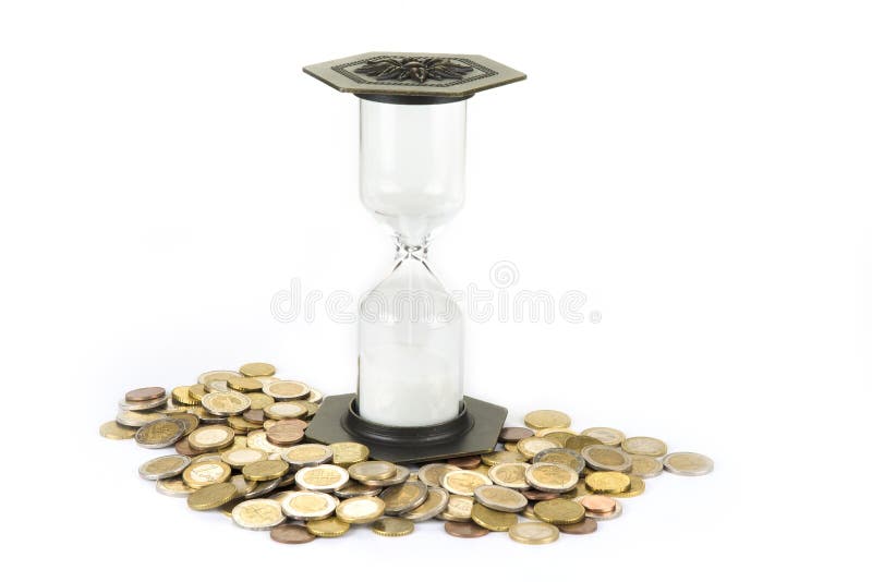 Coins timglaset Tid är pengarbegreppet royaltyfri bild