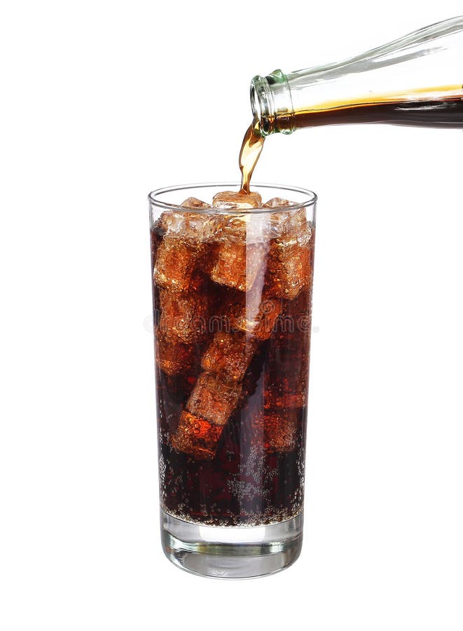 Bottle pouring coke in drink glass with ice cubes Isolated on white background. Bottle pouring coke in drink glass with ice cubes Isolated on white background