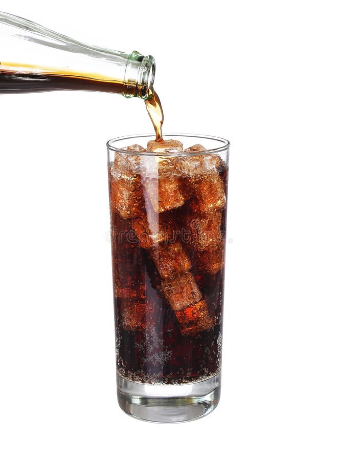 Bottle pouring coke in drink glass with ice cubes Isolated on white background. Bottle pouring coke in drink glass with ice cubes Isolated on white background