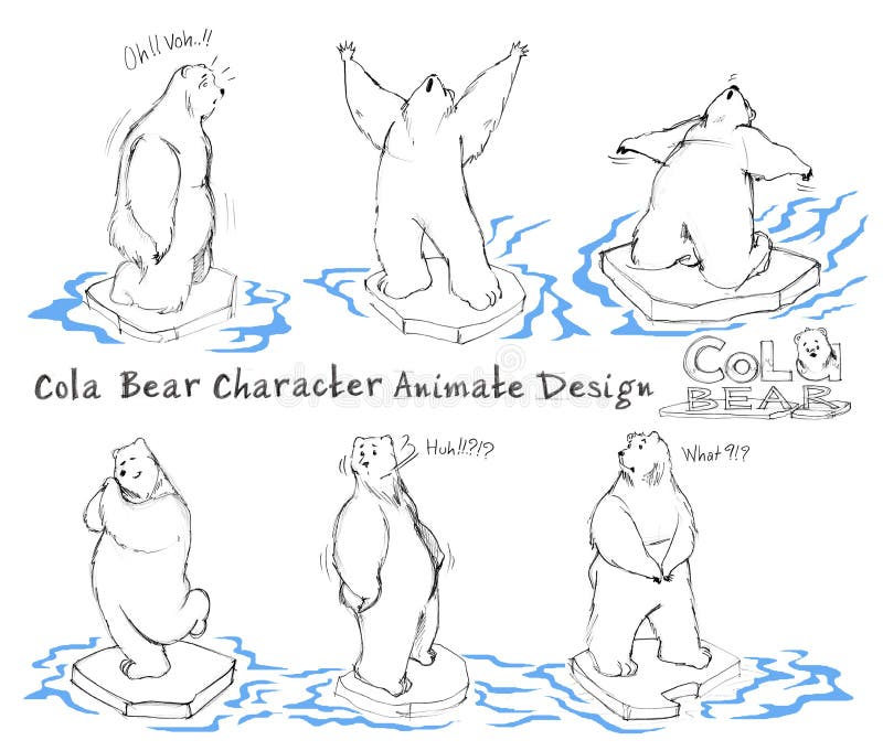 Cola Bear cartoon character design acting animate step has knees, stunned, amazed, shouting, backward, arms outstretched, what, confuse, happy, impressed, shy. All hand drawn with word and pencil texture.
