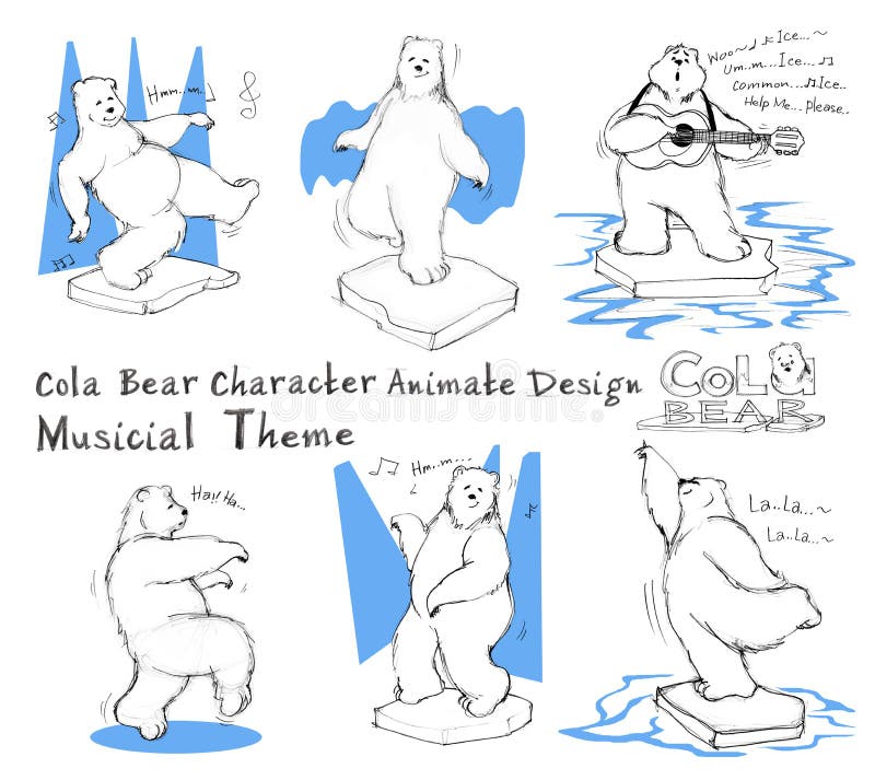 Cola Bear cartoon character design acting musicial theme has knees, stunned, amazed, shouting, backward, arms outstretched, what, confuse, happy, impressed, shy. All hand drawn with word and pencil texture.