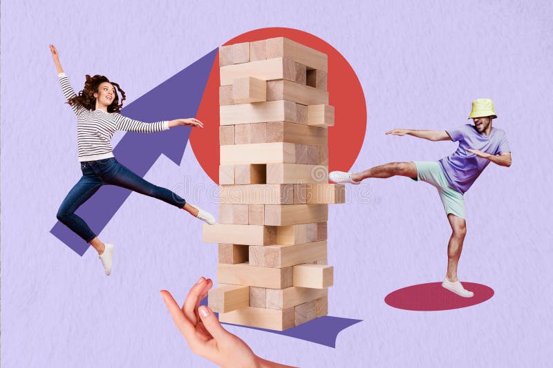 Collage 3d pinup pop retro sketch image of funky cool couple playing jenga game isolated purple color background. Collage 3d pinup pop retro sketch image of funky cool couple playing jenga game isolated purple color background.