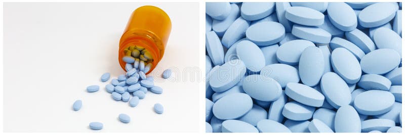Colagem azul da prescrição da garrafa da droga dos comprimidos foto de stock Colagem azul da prescrição da garrafa da droga dos comprimidos foto de stock
