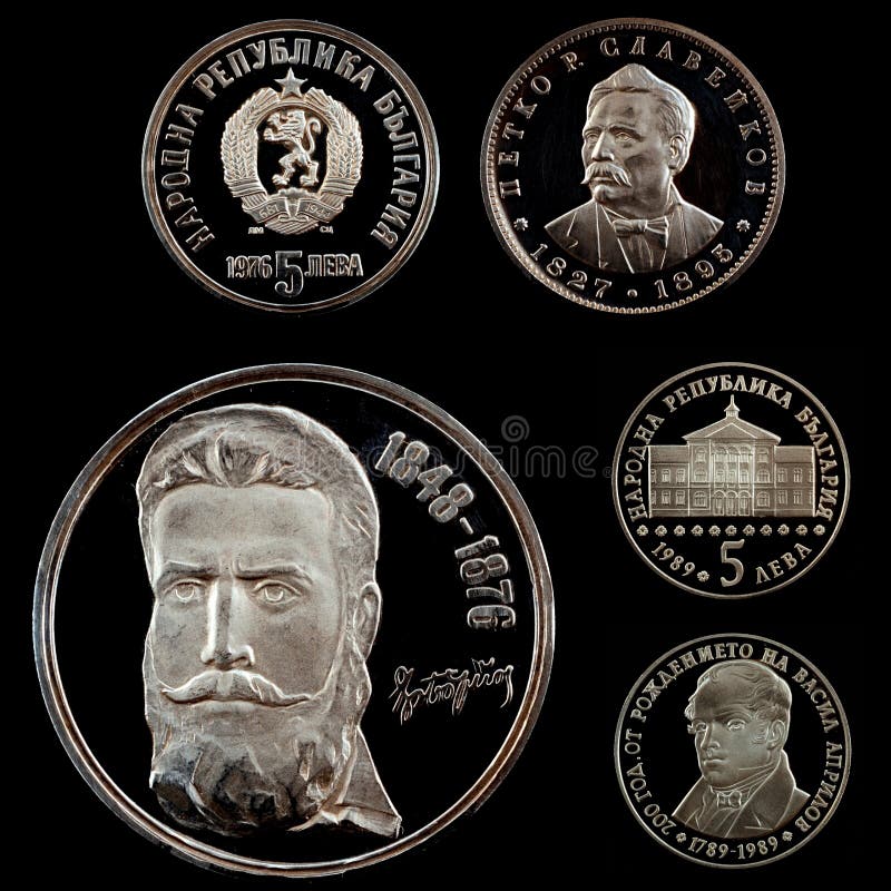 Colagem de moedas comemorativas fotografia de stock