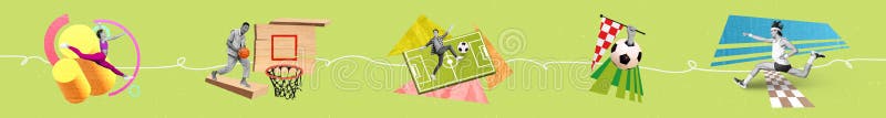 Colagem criativa de faixas múltiplas de muitas pessoas esportivas praticam acrobacia jogando seleção de basquetebol corrida ilustração do vetor
