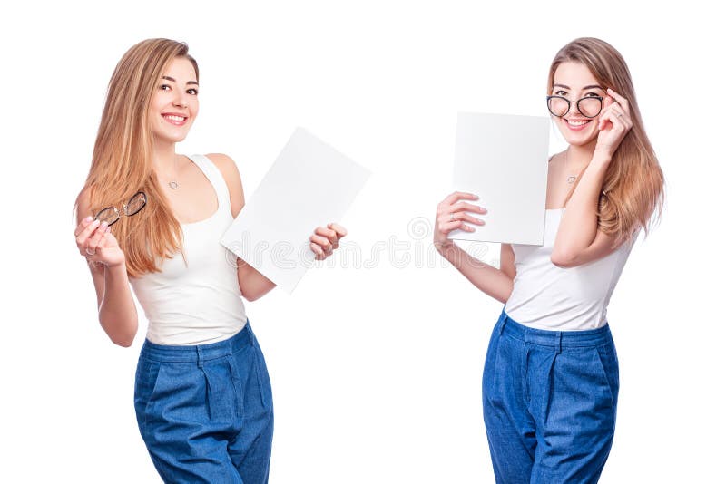 Colagem da mulher de negócio de sorriso, isolada no fundo branco Mulher de negócios moderna nos vidros com espaço da cópia foto de stock Colagem da mulher de negócio de sorriso, isolada no fundo branco Mulher de negócios moderna nos vidros com espaço da cópia foto de stock