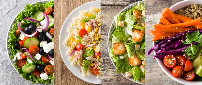 Colagem da salada saud?vel Salada grega, salada de massa, salada de Caesar e bacia da Buda imagens de stock Colagem da salada saud?vel Salada grega, salada de massa, salada de Caesar e bacia da Buda imagens de stock