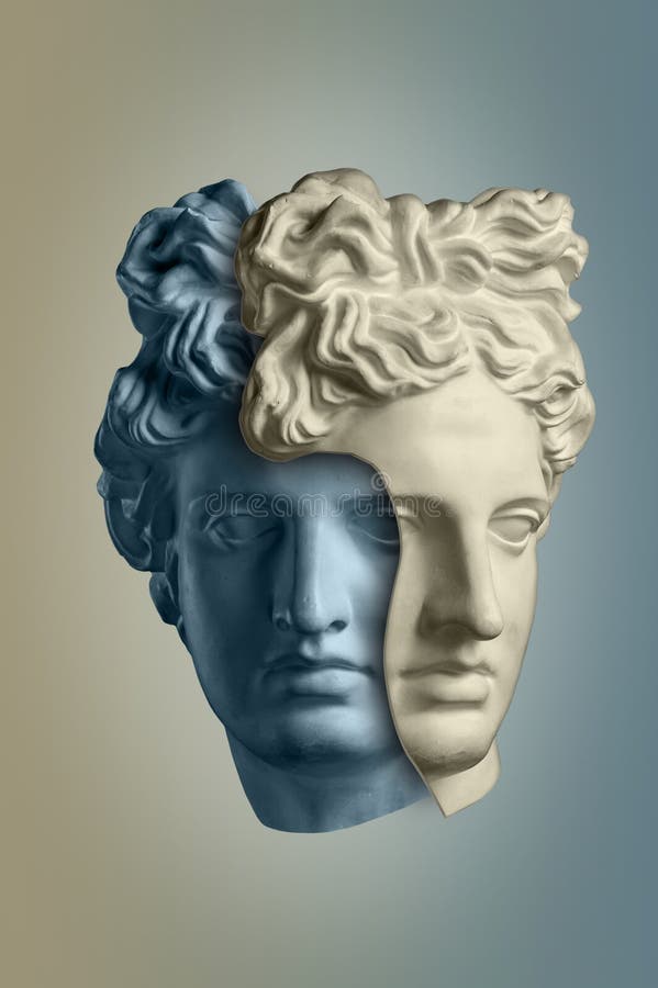 Colagem de arte com escultura antiga de face apollo e números de formas geométricas. moda de beleza e tema de saúde