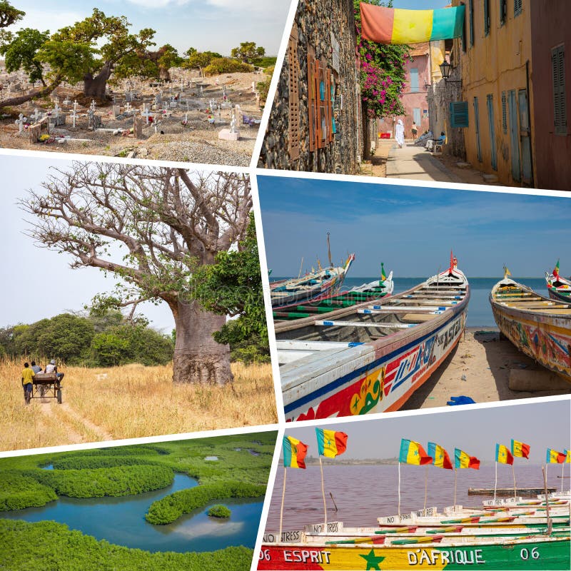 Colagem de destinos turísticos populares no senegal. fundo de viagem. áfrica ocidental