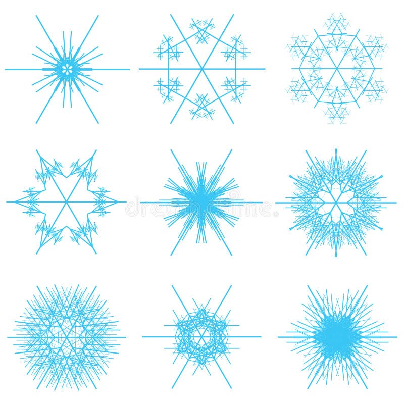 A collage of a various light blue or cyan snowflake shapes on a white background in a vectored illustration. A collage of a various light blue or cyan snowflake shapes on a white background in a vectored illustration.