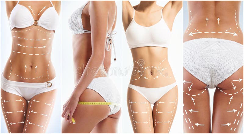 Colagem de um corpo fêmea com setas foto de stock Colagem de um corpo fêmea com setas foto de stock