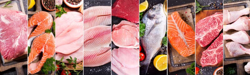 Colagem do alimento da vários carne fresca, galinha e peixes