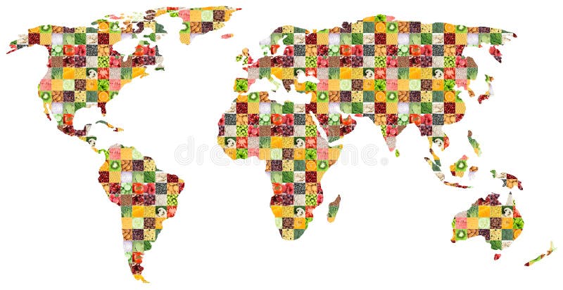 Colagem do alimento misturado fresco Mapa de mundo imagens de stock royalty free Colagem do alimento misturado fresco Mapa de mundo imagens de stock royalty free
