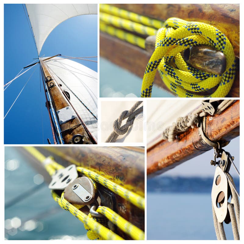 Collage of old sailing boat equipment - vintage wooden mast,sails, ropes, knots,snatch cleats and pulley blocks. Collage of old sailing boat equipment - vintage wooden mast,sails, ropes, knots,snatch cleats and pulley blocks