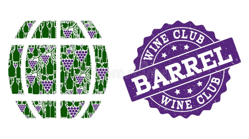Colagem do tambor de garrafas de vinho e de uva e de selo do Grunge ilustração royalty free Colagem do tambor de garrafas de vinho e de uva e de selo do Grunge ilustração royalty free