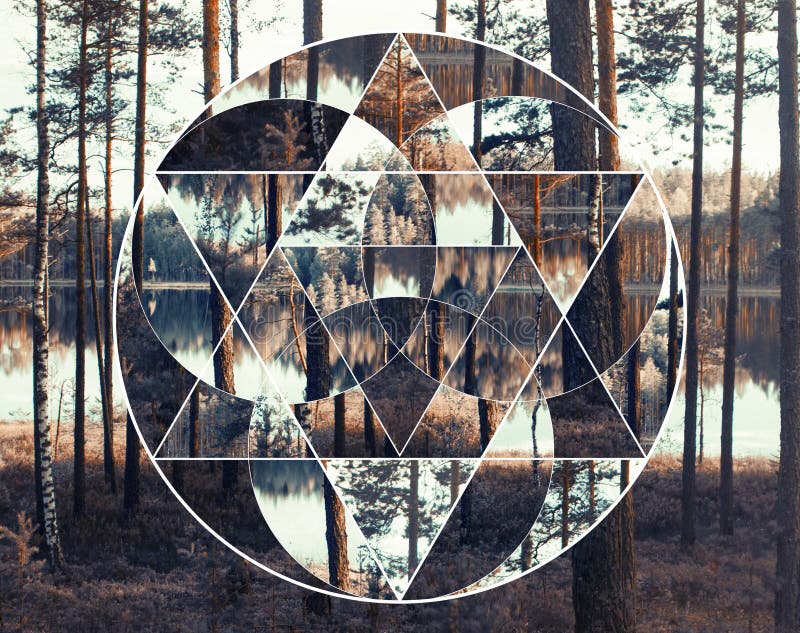 Colagem geométrica com o lago e a floresta nórdica, geometria sagrado