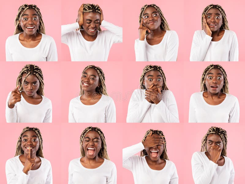 Colagem mosaica de mulher negra expressando diferentes emoções e reações
