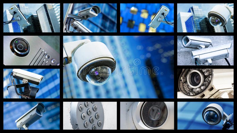 Colagem panorâmico da câmera ou do sistema de vigilância do CCTV da segurança do close up