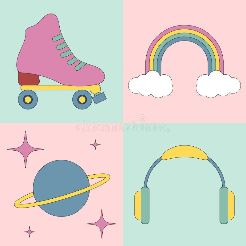 Colaj cu semnul vibe 1970. planetă curcubeu cu role roz și căști pe fond pastelar. trendy psihedelic stock illustration