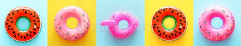 Colaj de inele gonflabile pe fond galben și albastru din lemn royalty free stock image
