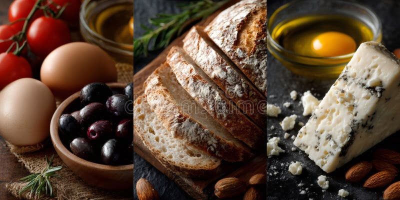 Colaj de ingrediente dietetice mediteraneene, inclusiv roșii, ouă, măsline, pâine proaspăt coaptă și migdale stock illustration