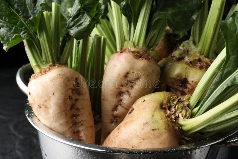 Colander with Fresh Sugar Beets on Black Table, Closeup Stock Photo