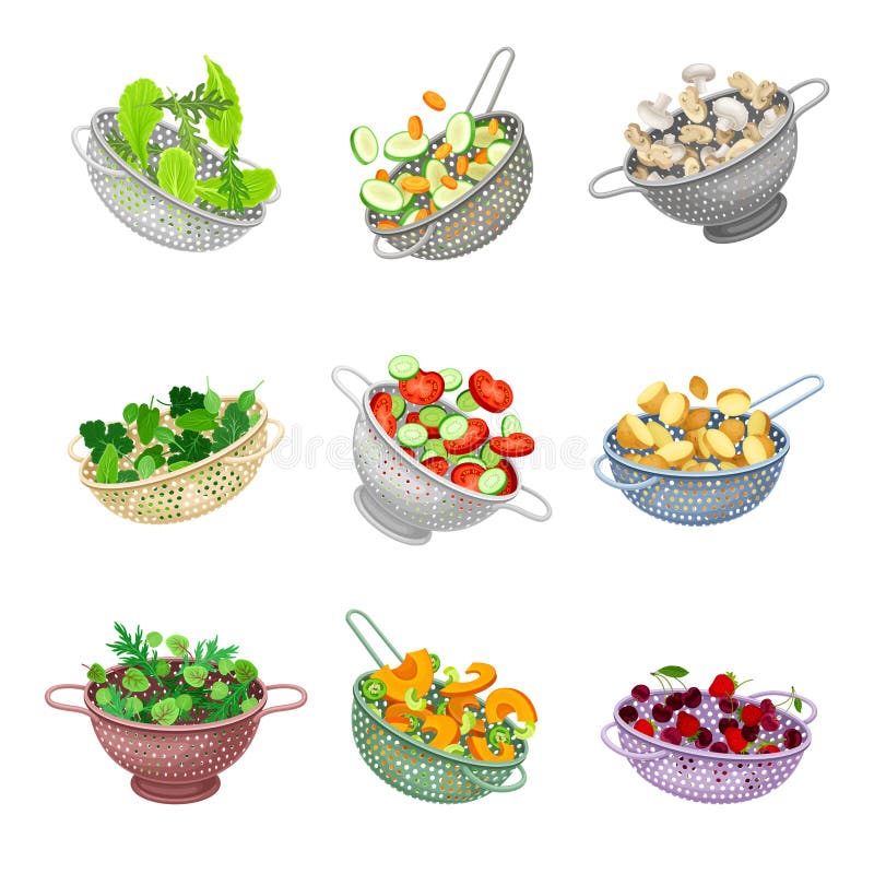 Colanți sau straini pentru bucătării din metal și din plastic cu legume și cu vectori verzi stock illustration