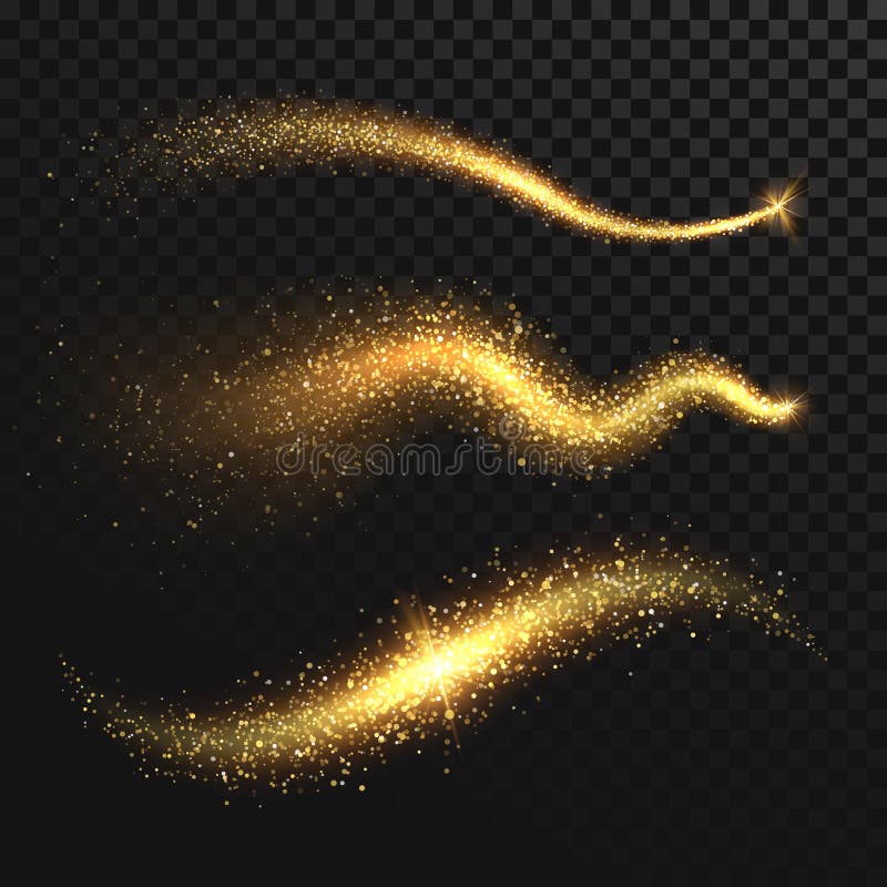 Golden glittering dust tails. Shimmering gold waves with sparkles vector set. Glow wave light, glitter sparkle golden tail illustration. Golden glittering dust tails. Shimmering gold waves with sparkles vector set. Glow wave light, glitter sparkle golden tail illustration