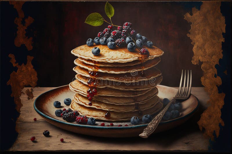 Colazione di deliziosi pancake freschi e bacche su fondo di legno rustico illustrazione di stock