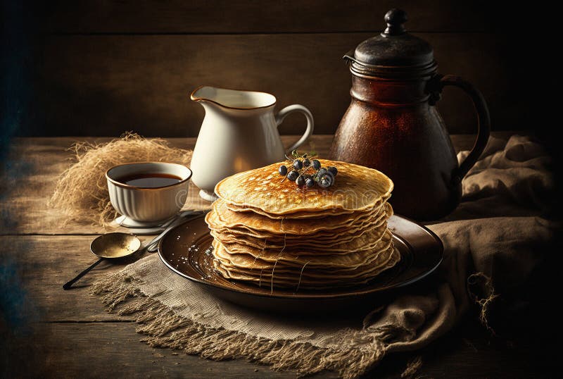 Colazione di deliziosi pancake freschi e bacche su fondo di legno rustico illustrazione vettoriale