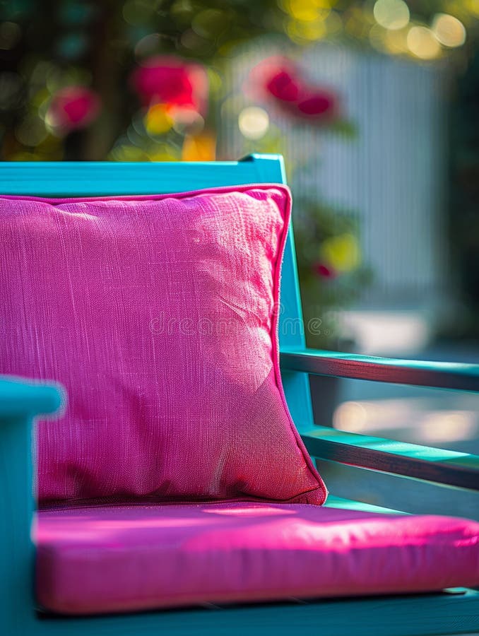 Colchón rosa sobre una silla azul en el jardín con fondo de flores borrosa. Imagen versátil para múltiples propósitos