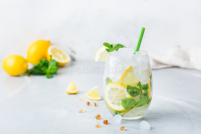 Cold alcohol mojito cocktail, long drink beverage, lemonade