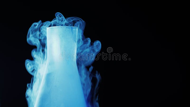 Cold blue flask with liquid nitrogen on black background. Concept of chemical experiments and tests. Edutainment. Copy