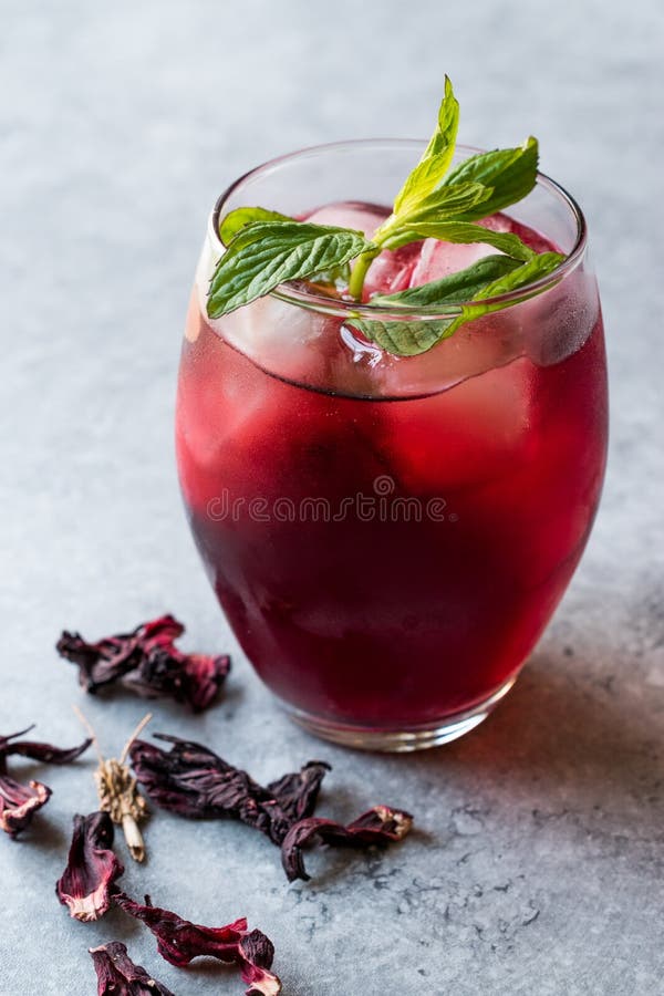 Cold Brew Hibiscus Tea with Ice and Mint Leaves. Stock Image - Image of ...