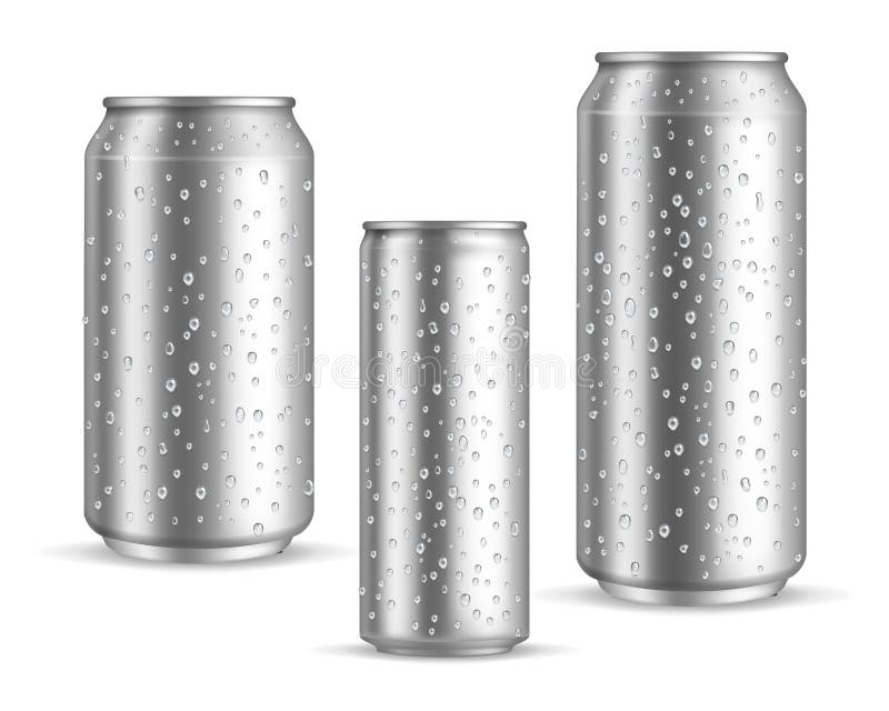 Cold cans realistic. Tin or silver metal wet blank energy drink and beer cans with droplets, water or juice drink packaging 300 330 500 ml, marketing branding container mockup. Vector 3d isolated set