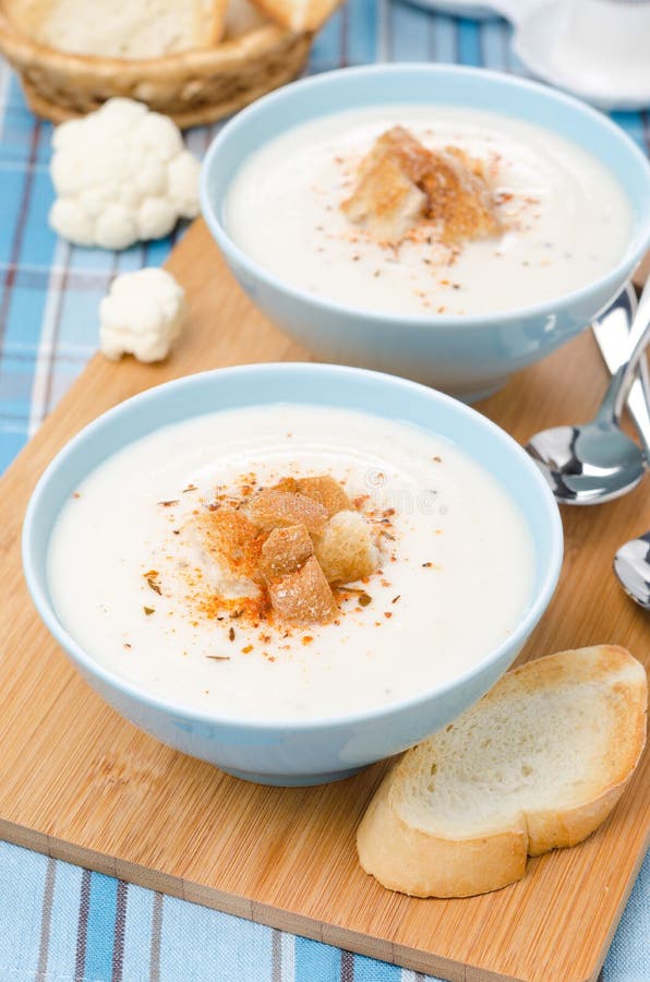 Cold Cauliflower Soup with Cottage Cheese and Croutons Stock Photo