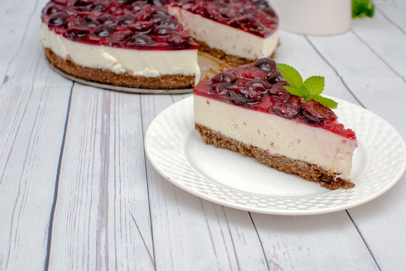 Cold Cheesecake with Cherry Jelly on Table Stock Image Image of