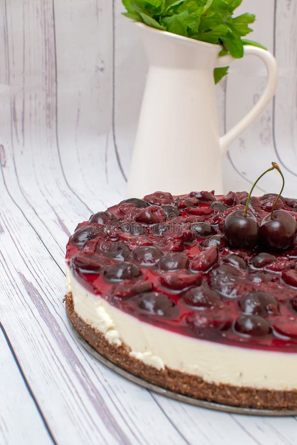 Cold Cheesecake with Cherry Jelly on Table Stock Photo Image of