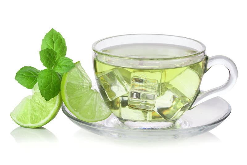 Cold Green Tea with Ice Cubes, Lime Sliced Stock Image Image of