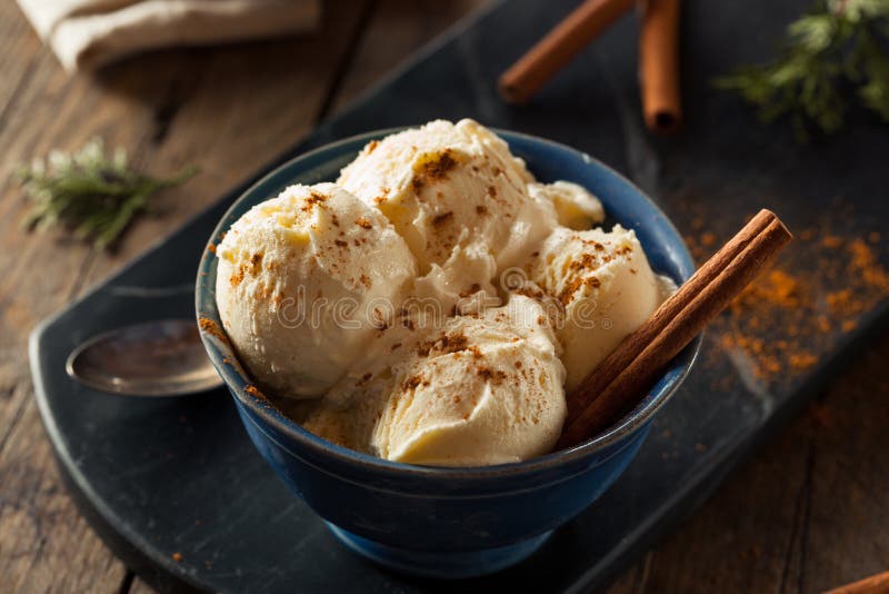Cold Homemade Eggnog Ice Cream with Cinnamon. Serve vanilla stock images, royalty-free photos and pictures