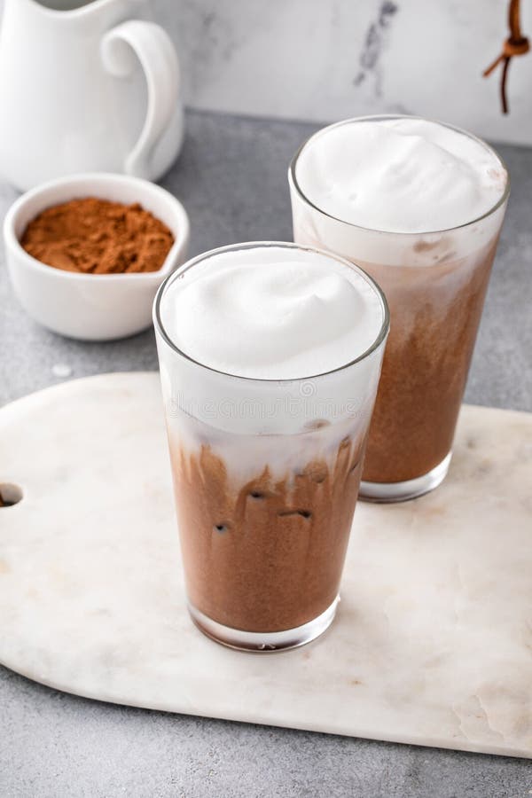 Cold or Iced Chocolate Drink with Milk Foam, Refreshing Drink Stock