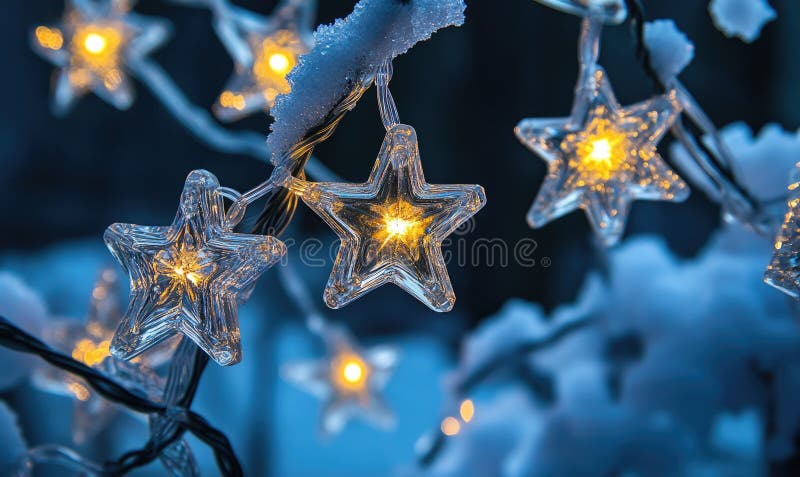 Cold light string lights with glass stars, icy theme stock photo