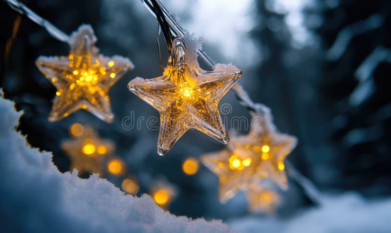 Cold light string lights with glass stars, icy theme royalty free stock photos