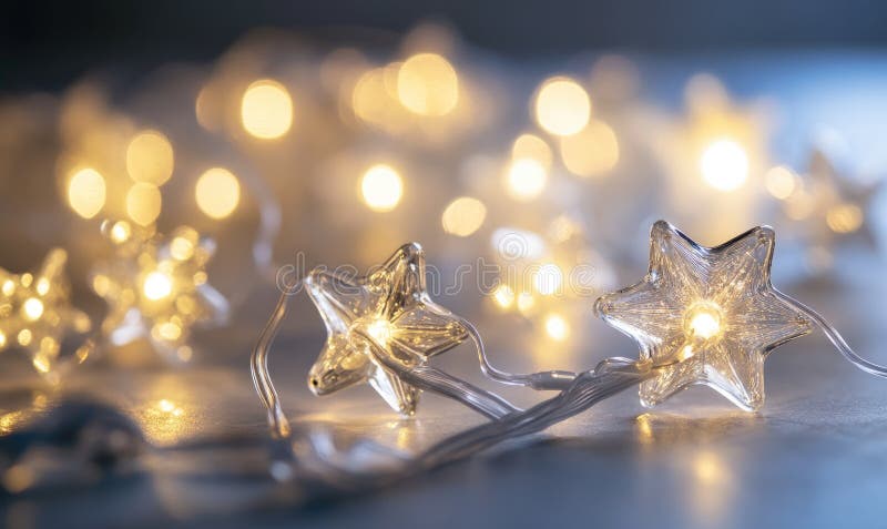 Cold light string lights with glass stars, icy theme royalty free stock photo