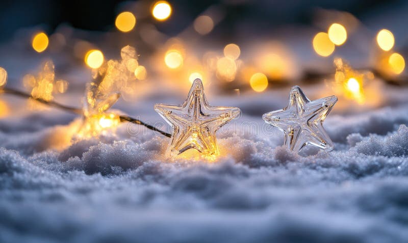 Cold light string lights with glass stars, icy theme royalty free stock photography