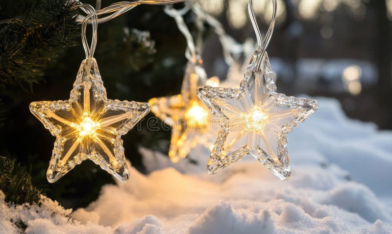 Cold light string lights with glass stars, icy theme royalty free stock image